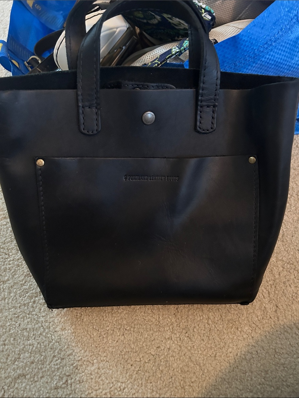 Portland Leather Black Leather Small Tote with Front Pocket with top handles
